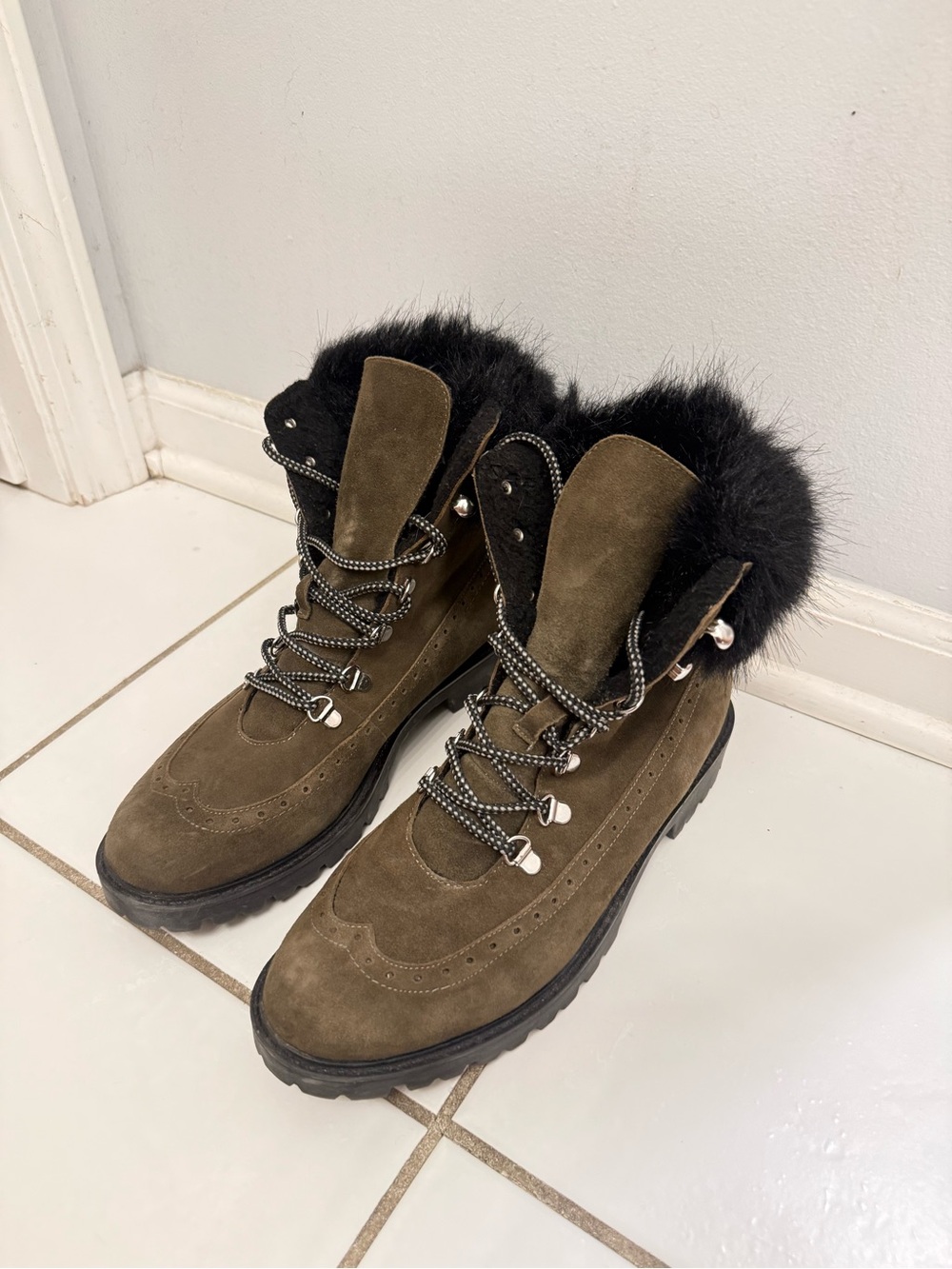 Charles David Olive Suede Fur-Trim Lace-Up Boots